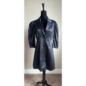 URBAN REVIVO PinStripe Puff Sleeve Midi Navy Jacket Dress Size 8